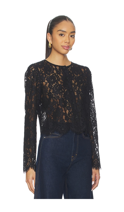 Frame Sheer Crop Organic Cotton Blend Eyelash Lace Button-up Shirt In Black