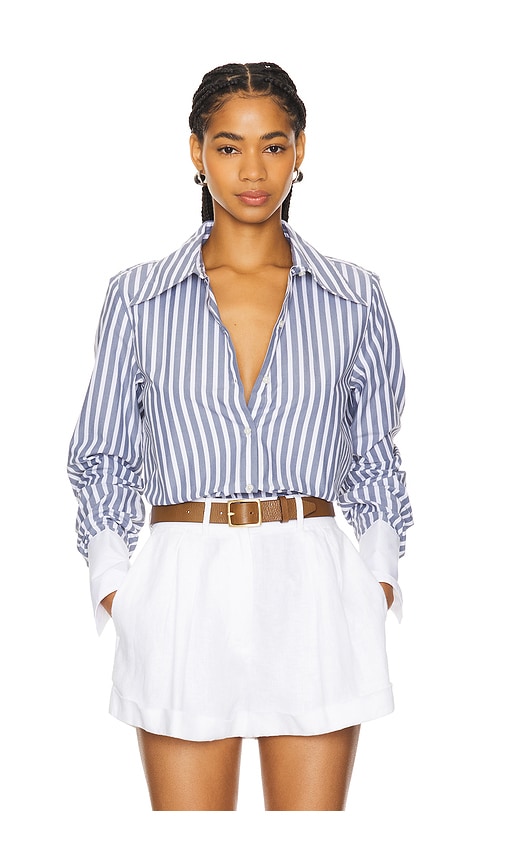 Shop Favorite Daughter The Cuffed Statement Shirt In Dark Slate Stripe