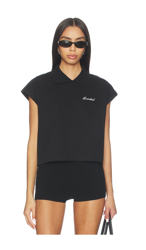 Essentials Cropped Pique Polo Top In Black