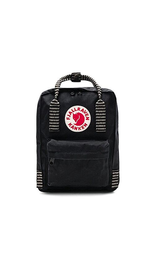 fjallraven mini kanken black backpack with contrast stripes