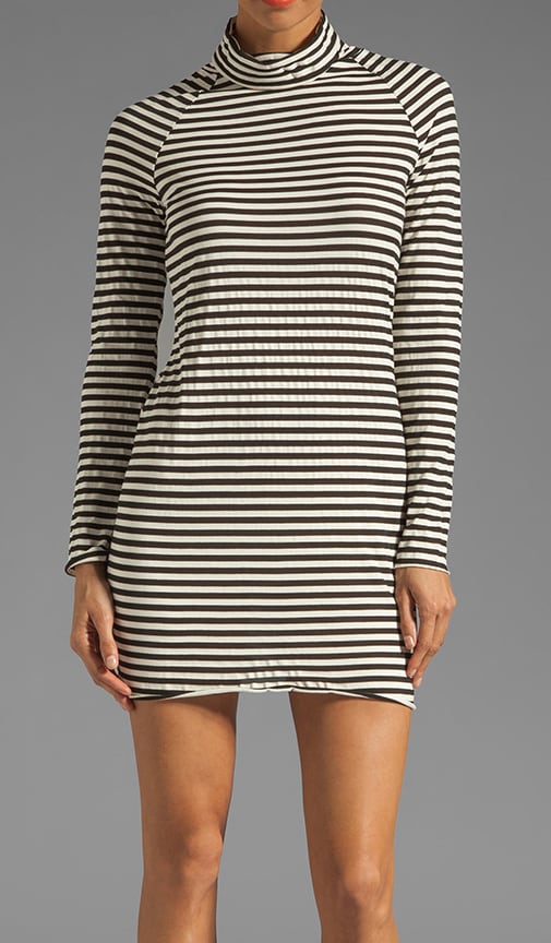 black and white striped turtleneck dress