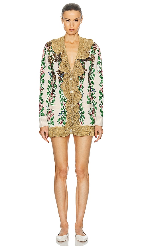 FWRD Renew Gucci Floral Ruffle Cardigan in Cream
