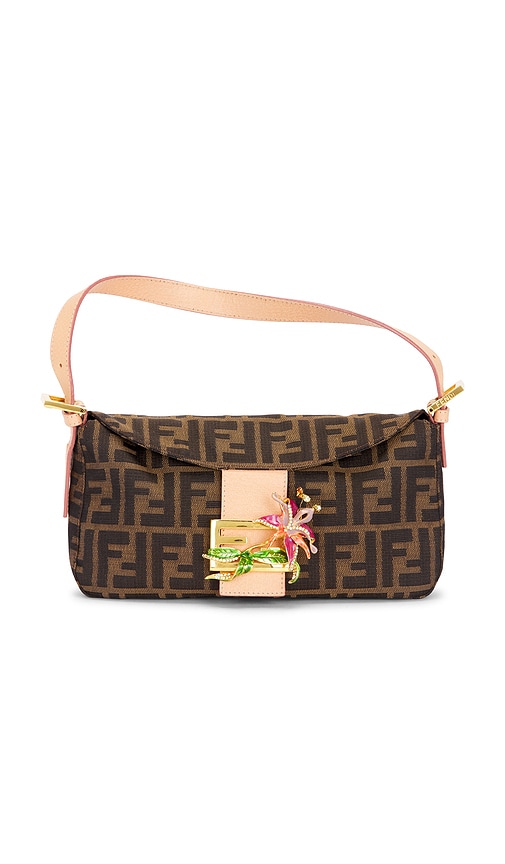 FWRD Renew Fendi Vintage Flower Applique Baguette Shoulder Bag in Brown.