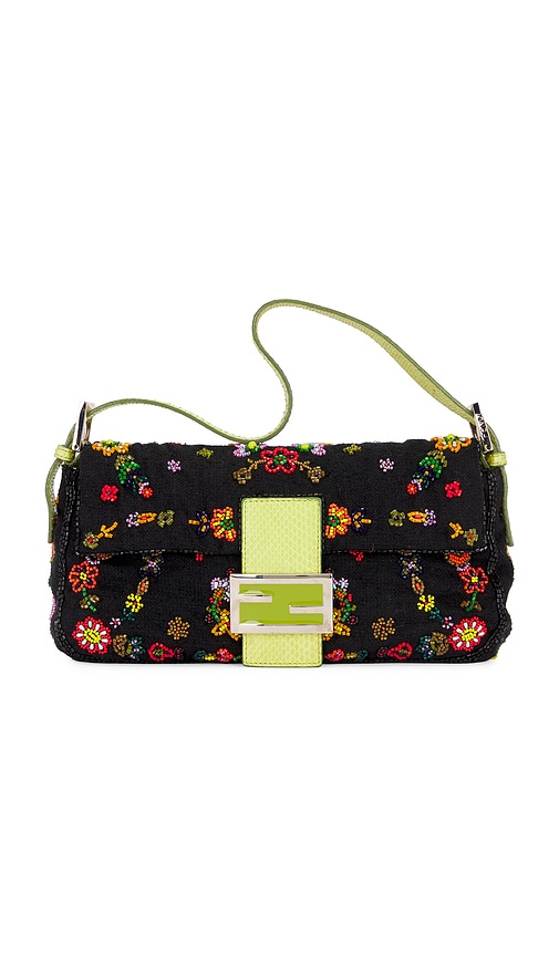 FWRD Renew Fendi Mama Flower Beaded Baguette Shoulder Bag in Black