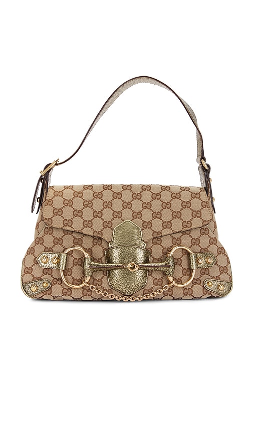 FWRD Renew Gucci Horsebit GG Canvas Shoulder Bag in Beige