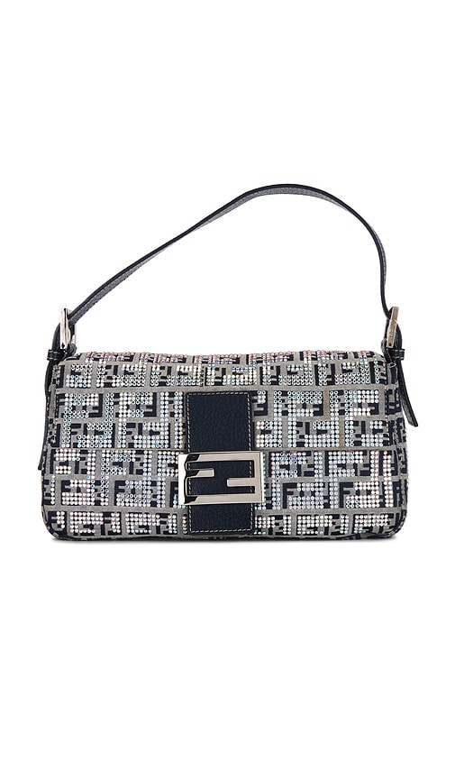 FWRD Renew Fendi Zucchino Crystal Baguette Shoulder Bag in Gray, Navy, & Silver