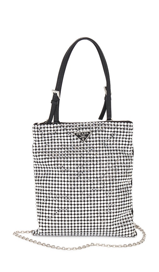 FWRD Renew Prada Crystal Embellished Satin Tote Bag in Silver