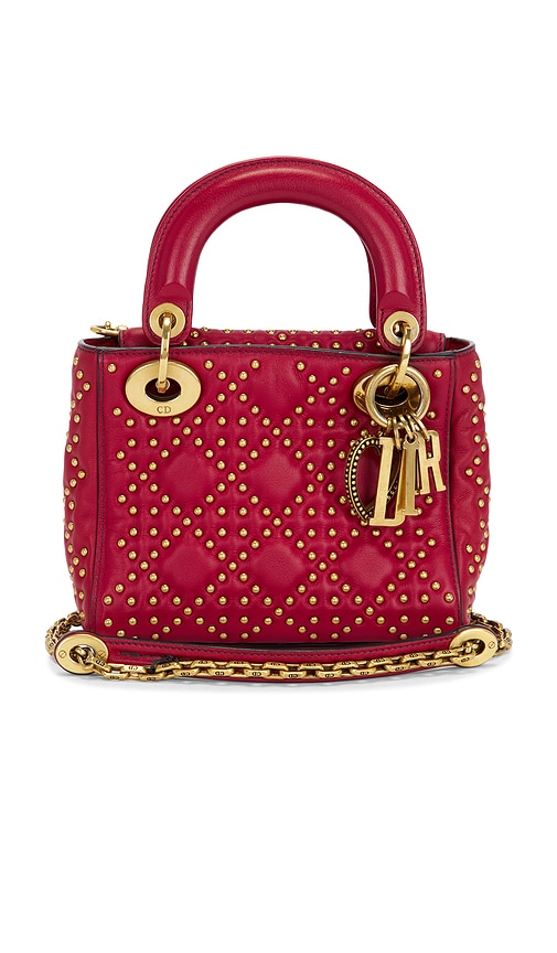 FWRD Renew Dior Studded Lambskin Mini Lady Cannage Handbag in Red