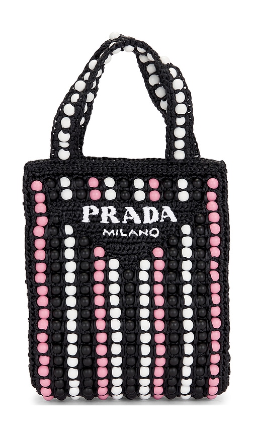 FWRD Renew Prada Wood Beaded Raffia Tote Bag in Black