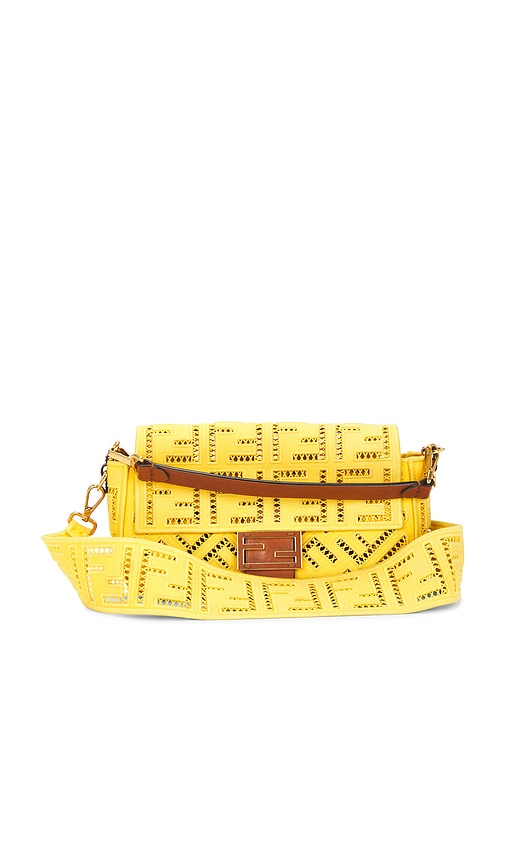 FWRD Renew Fendi FF Openwork Embroidered Baguette NM Shoulder Bag in Yellow