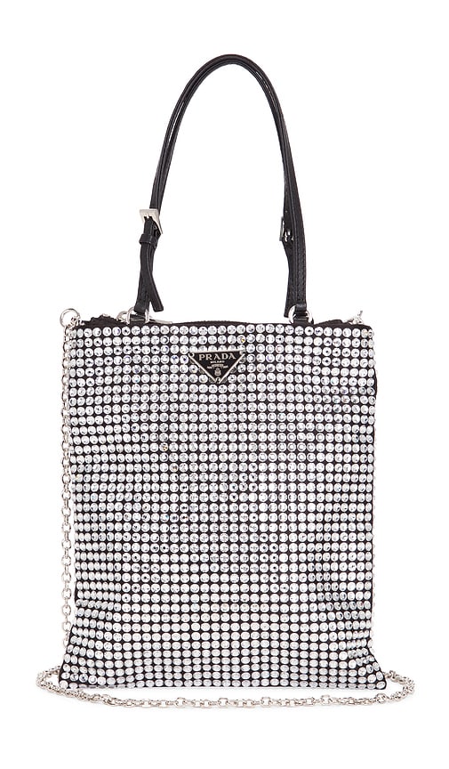Fwrd Renew Prada Crystal Embellished Satin Tote Bag In Silver