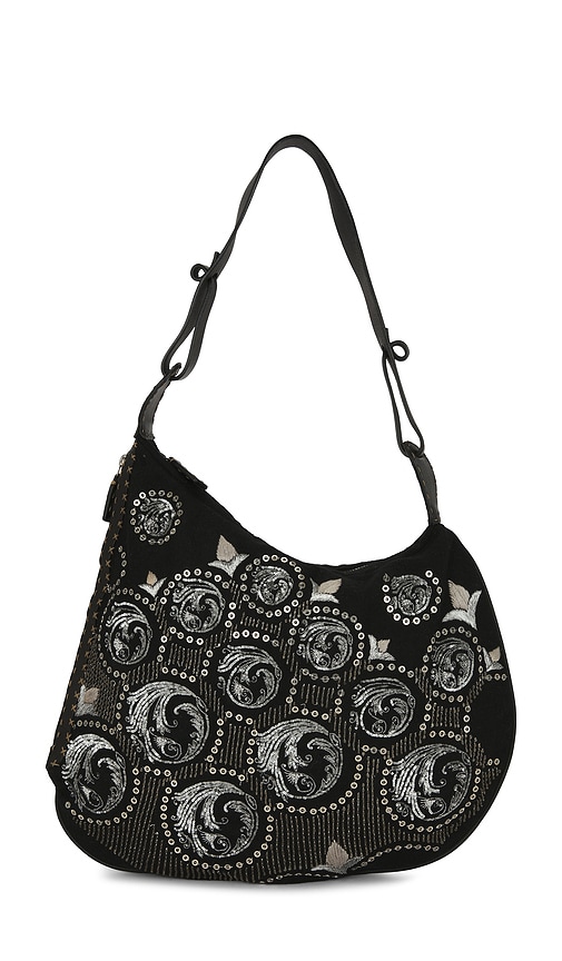 FWRD Renew Fendi Embroidered Oyster Shoulder Bag in Black.