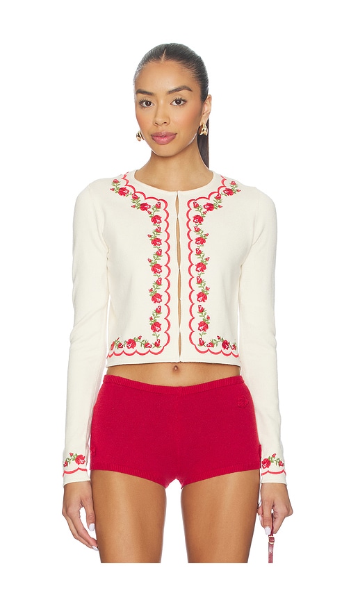 For Love & Lemons Rose Waltz Scalloped Knit Cardigan In White