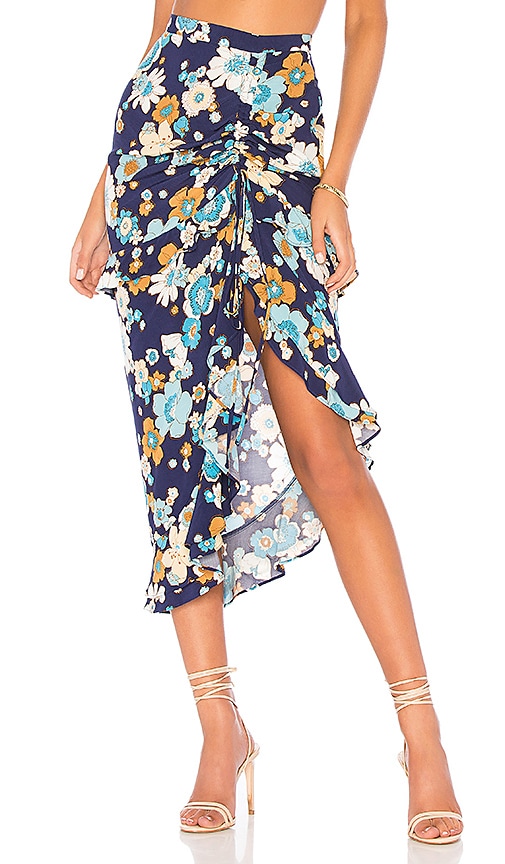 For Love & Lemons Magnolia Shirred Midi Skirt in Midnight Blossom | REVOLVE