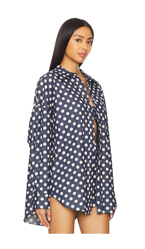 For Love & Lemons Dolly Dot Denim Button-down Top In Indigo