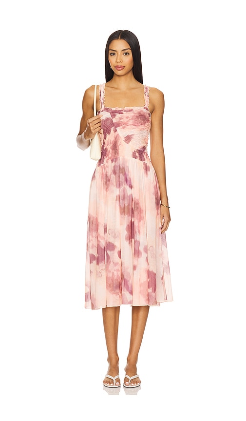 x REVOLVE Tessa Smocked Midi Dress in Pink. - size XS (also in L, M, S, XL)