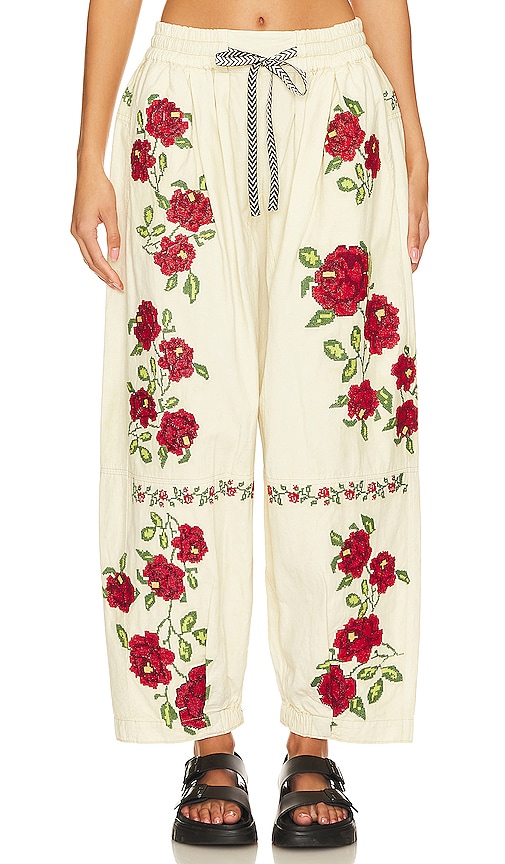 Free People Rosalia Embroidered Pant In Birch Combo