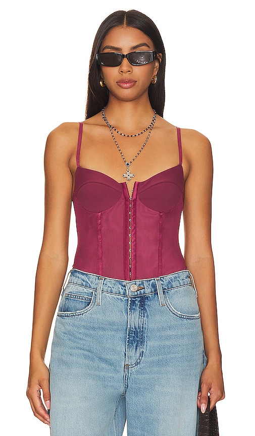 Free People x Intimately FP Night Rhythm Corset Bodysuit In Washed Maroon  in Washed Maroon