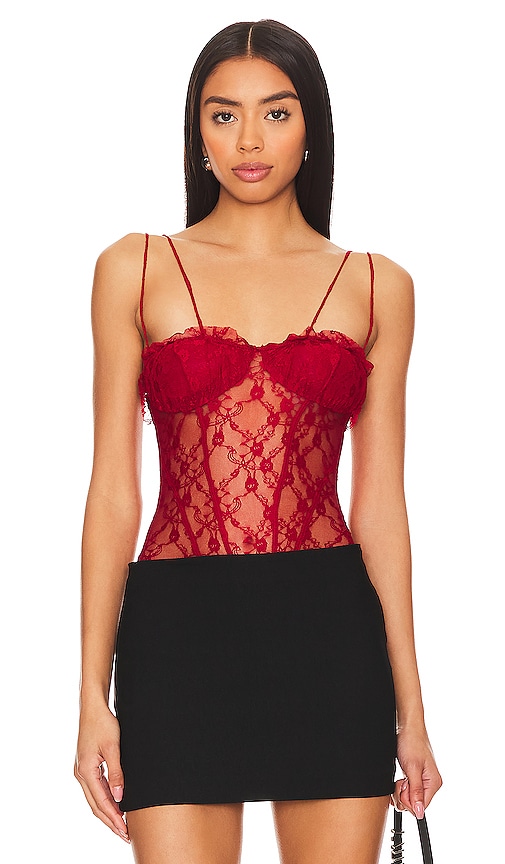 Free People Bodysuit Top Women's XS Red Jerset Lace-Trim Adjustable Soft  NEW