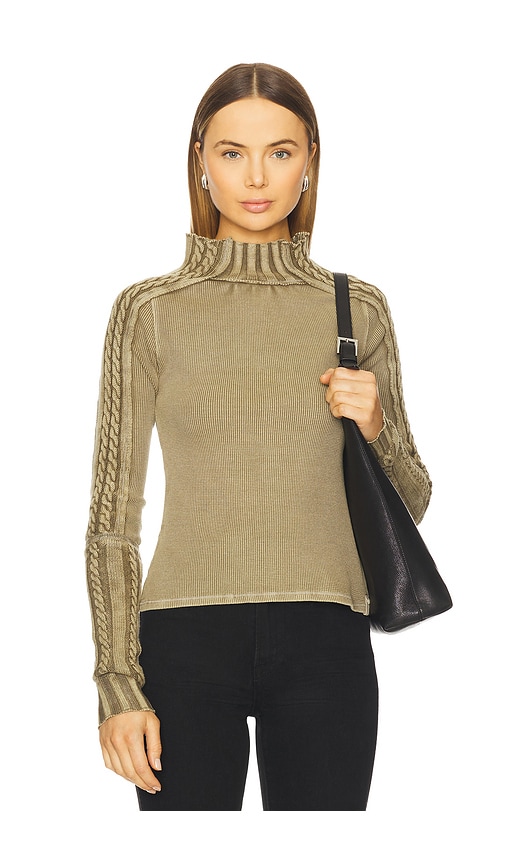 Free People Wtf Breezy Cable Knit Mock Neck Top In Green