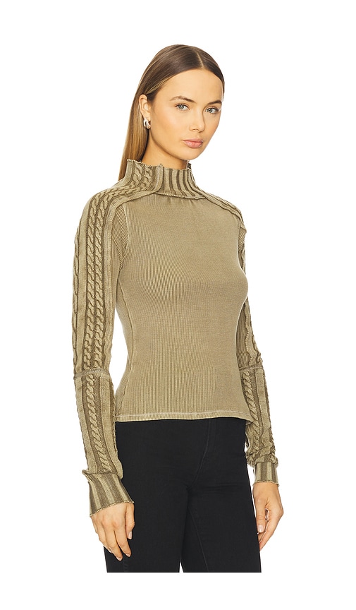 Free People Wtf Breezy Cable Knit Mock Neck Top In Green