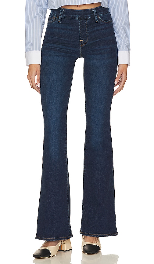 Good American Power Stretch Pull On Flare Jeans in Indigo491 | REVOLVE