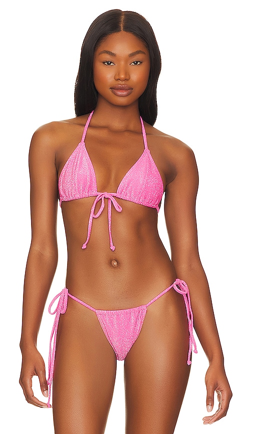 Good American Sparkle Tie Front Triangle Top in Knockout Pink001