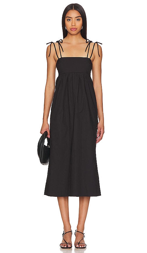 Ganni Shirred Organic Cotton-poplin Midi Dress In 黑色