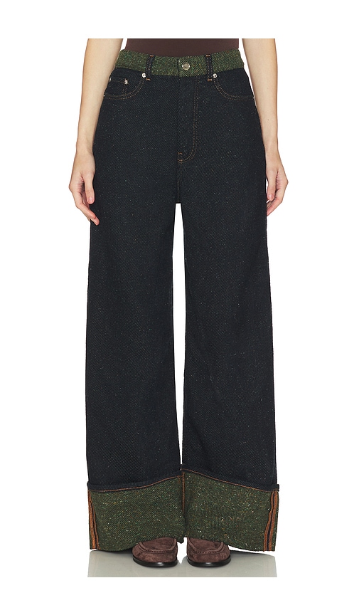 Ganni Melange Twill Denim Baggy Jeans Fold-up In Black