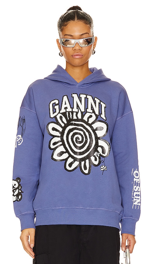 Shop Ganni Isoli Mega Flower Oversized Hoodie In Gray Blue
