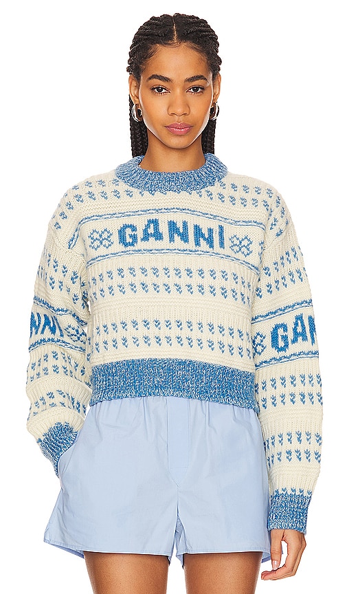 Shop Ganni Cropped O-neck Sweater In 强烈蓝