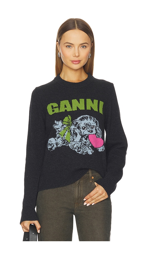 Ganni Graphic Wool Mix Puppy Love Crewneck