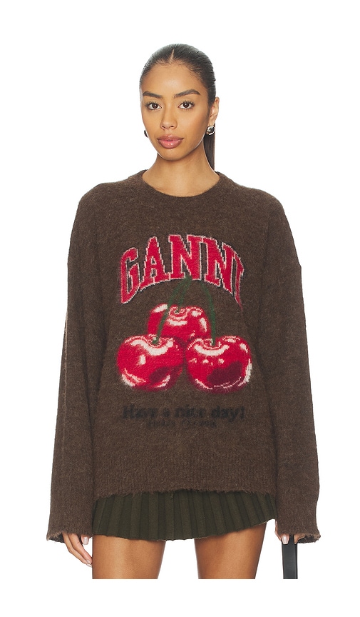 Ganni Brushed Alpaca Graphic Oversized Sweater in Chicory Coffee