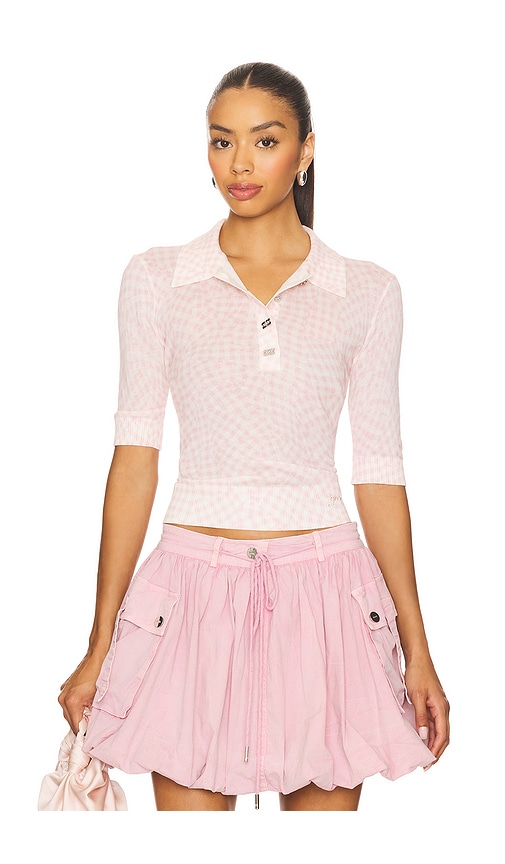 Ganni Sheer Cotton Printed Polo In Pink