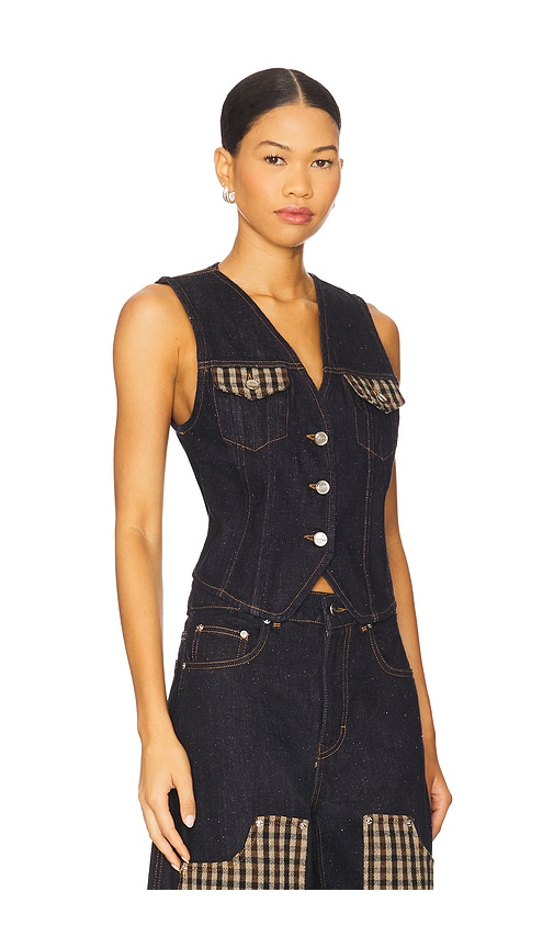 Ganni Neppy Checked Tweed-trimmed Organic Denim Vest In Black