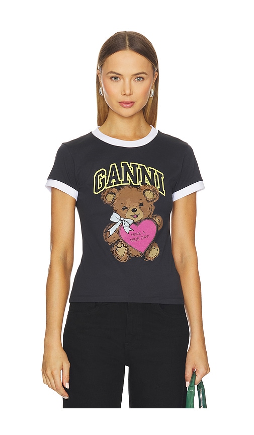 Ganni Women Black Crewneck T-shirt With Maxi Logo On The Front In Cotton Jersey Woman In Gray