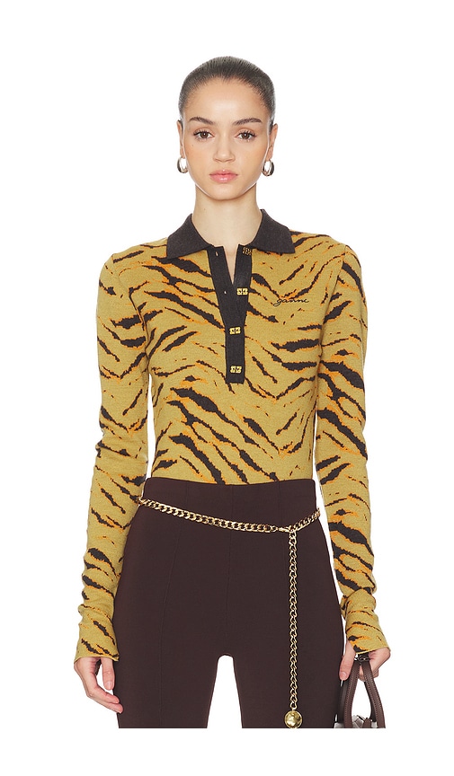 Ganni Fine Merino Jacquard Tiger Polo Sweater In Yellow