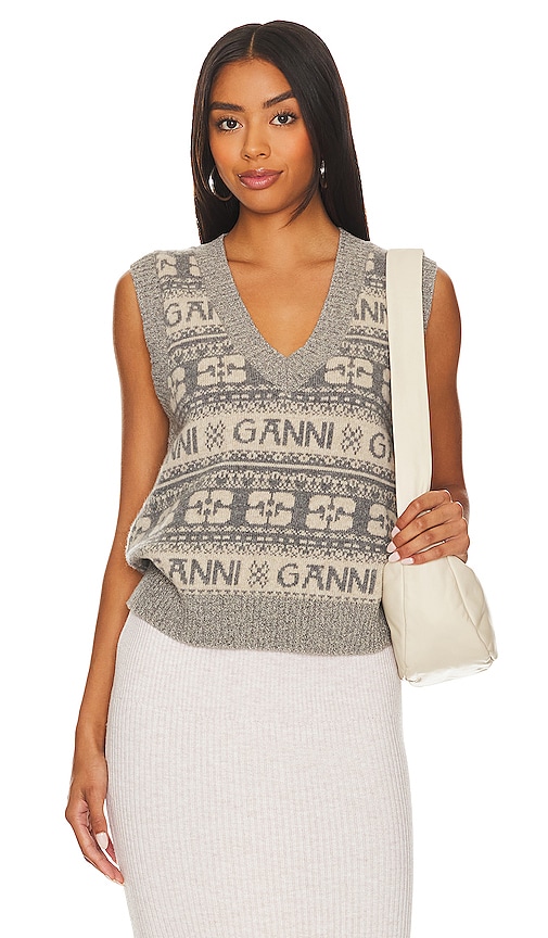 Shop Ganni Logo Wool Mix Vest In Frost Gray