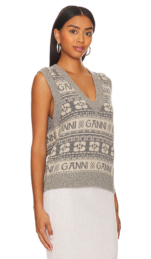 Shop Ganni Logo Wool Mix Vest In Frost Gray