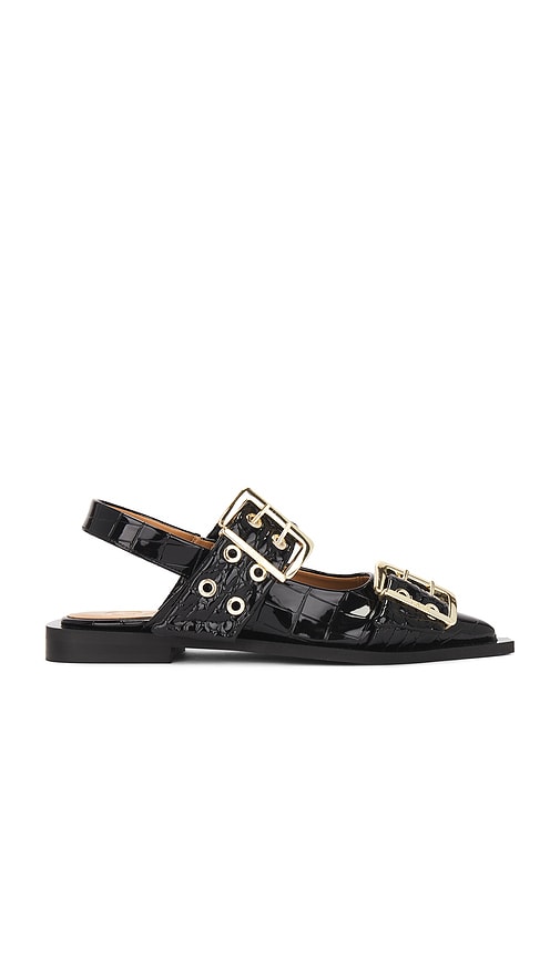 Shop Ganni Buckle Ballerina Naplack Croco In Black