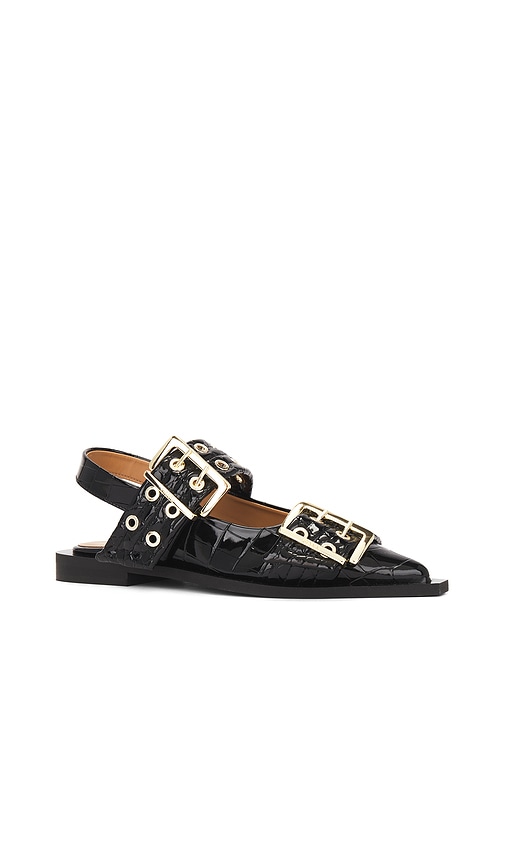 Shop Ganni Buckle Ballerina Naplack Croco In Black