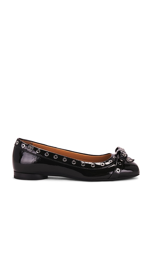 Shop Ganni Eyelets Bow Ballerina Naplack In Black