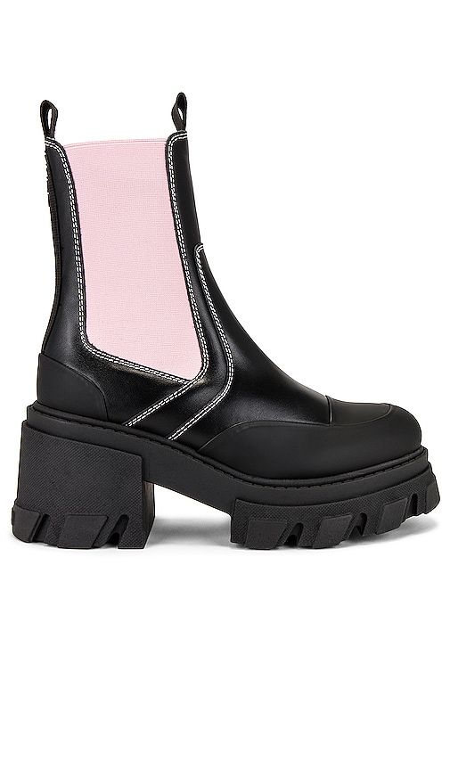 Ganni Chunky Heel Chelsea Boot in Black & Pink | REVOLVE