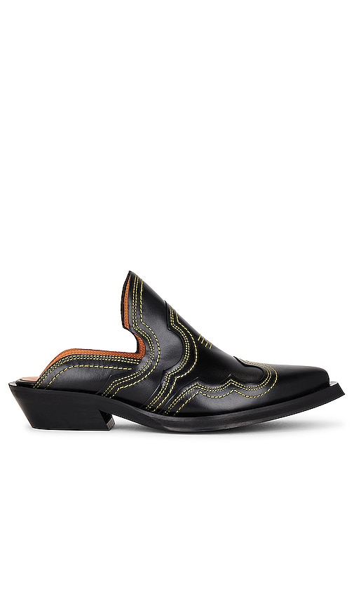 【送料&関税込】Ganni Western Mules Ganni Embroidered Western Mule in Black & Yellow | REVOLVE