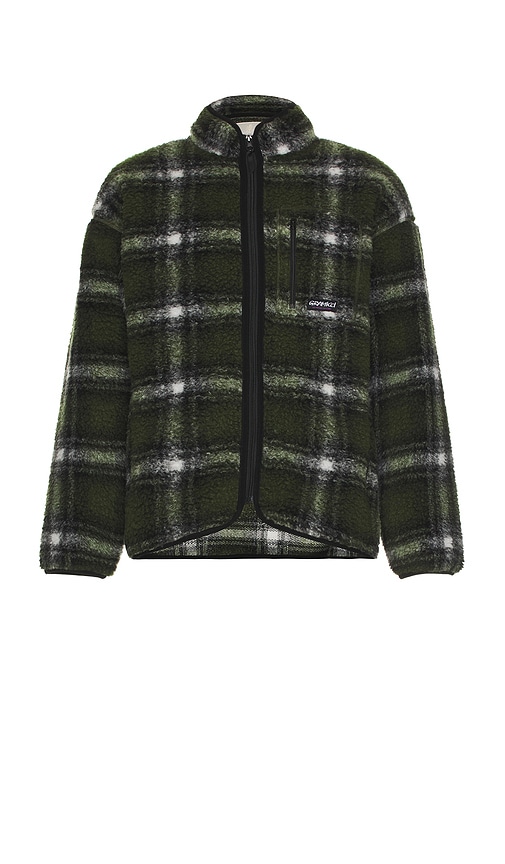 Gramicci Shadow Plaid Sherpa Jacket In Olive Shadow Plaid