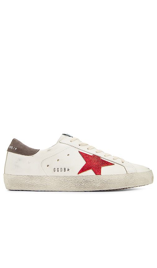 Golden Goose Super Star Shoe in White, Red, & Dark Grey | REVOLVE