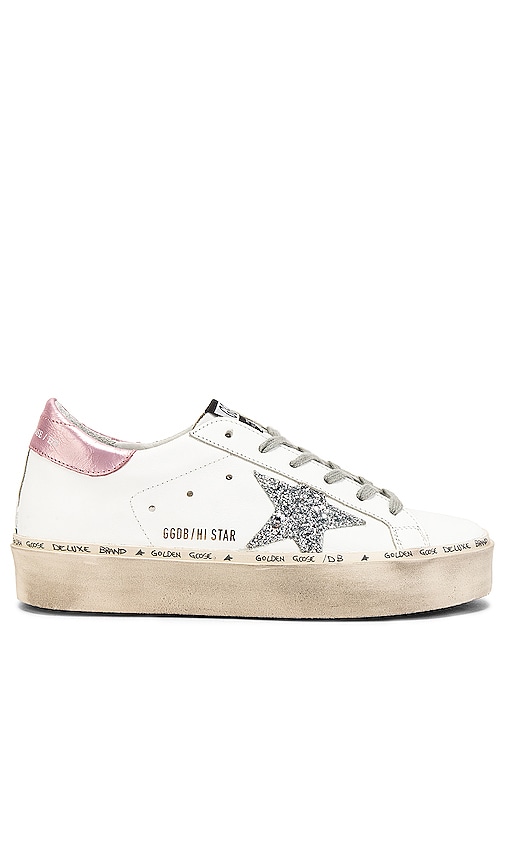 Golden Goose Hi Star Sneaker In White, Pink Laminated & Silver 