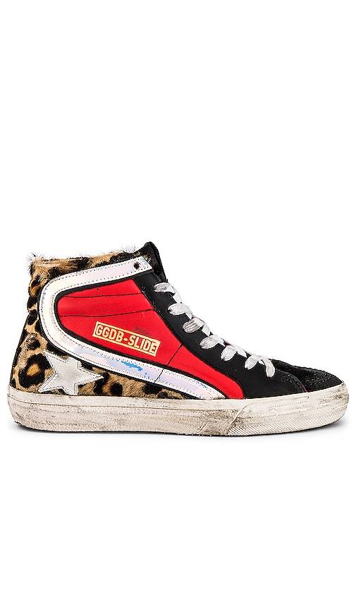Golden Goose Slide Calf Hair Sneakers in Snow Leopard, Red & White Star