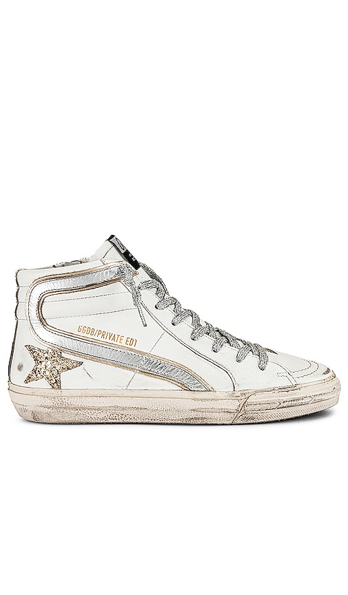 Golden Goose X Revolve Slide Sneaker In White  Gold  & Silver