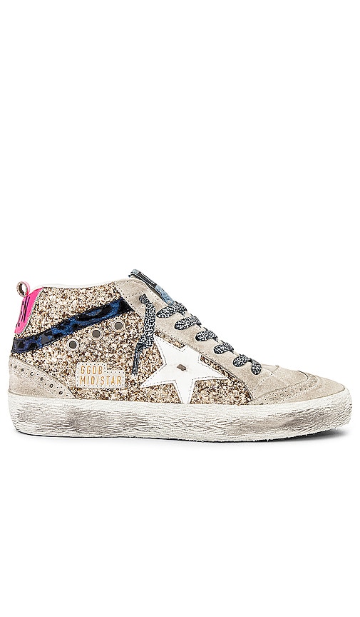 Golden Goose Mid Star Sneaker in Light Gold, Ice, White, & Black Blue